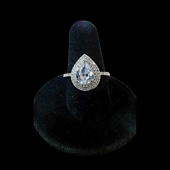 Pear-Cut Double Halo Engagement Ring CZ 925 Sterling 1.5cm Length Good Cond 7.75 - Picture 2 of 8